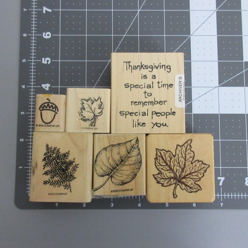 Stampin' Up + Lot of 6 Thanksgiving Oak Acorn Leaves Wood Mounted Rubber Stamps
